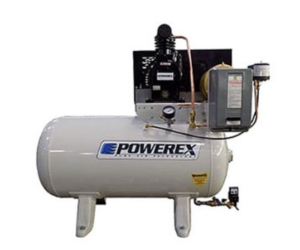 A Powerex Control Compressed Air System Model AD0203-AES-SPL (P/N AD0203-AES-SPL) featuring a white horizontal tank, mounted control box, pressure gauge, and various attached pipes and wires.
