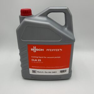A gray plastic container with a red cap, labeled “Busch CLA 25 Coolant - 5 Liter (P/N 2000241757),” featuring a batch number. The container is displayed against a plain white background.