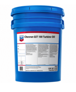 A large blue container labeled “Chevron GST 100 Oil - 5 Gallon Pail (P/N GST100-5P)” with product details and safety information printed on the front.