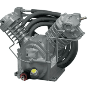Powerex, Inc. Lubricated Reciprocating Piston 3 HP (P/N LPS030A) industrial air compressor pump featuring two cylinder heads, black hoses, metal piping, and a gray metallic finish, shown at an angle against a white background.