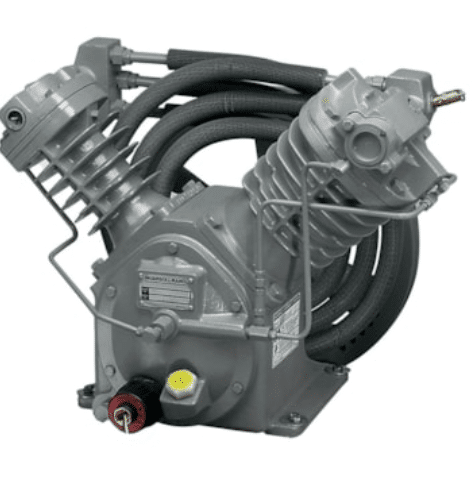 Powerex, Inc. Lubricated Reciprocating Piston 3 HP (P/N LPS030A) industrial air compressor pump featuring two cylinder heads, black hoses, metal piping, and a gray metallic finish, shown at an angle against a white background.