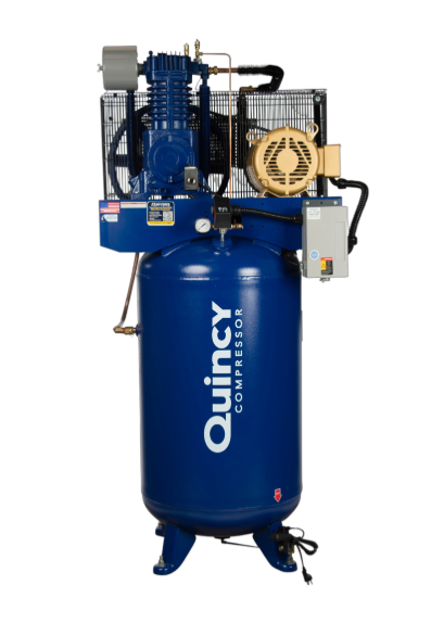 A blue Quincy Compressor QT-7.5 Reciprocating Air Compressor w/ 120 Gallon Horizontal Tank System featuring a large vertical tank and a motor mounted on top.